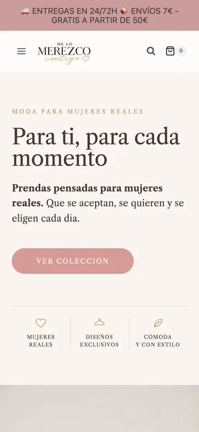 La misma página de inicio vista en un móvil: menú compacto, titular, texto de marca y botón «Ver colección» apilados en una columna.