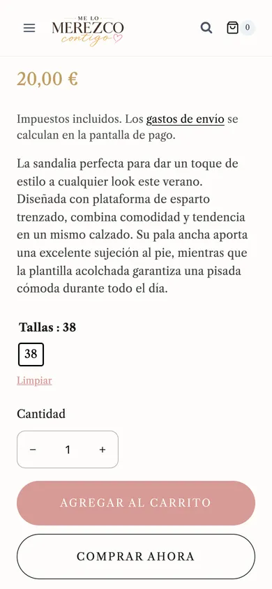 Ficha de producto en móvil: precio con impuestos incluidos, aviso de gastos de envío, descripción de la prenda, selector de talla, cantidad y botones de añadir al carrito y comprar.