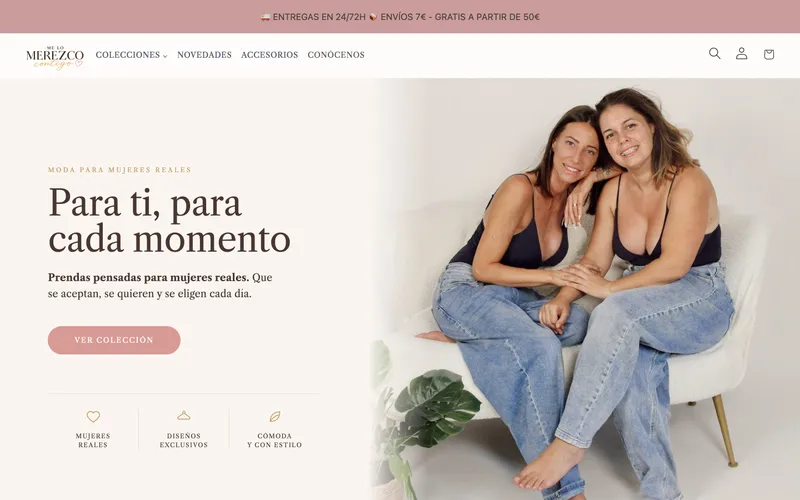 Página de inicio de la tienda Me Lo Merezco Contigo en escritorio: menú de colecciones, titular «Para ti, para cada momento» y una fotografía de las fundadoras como imagen principal.